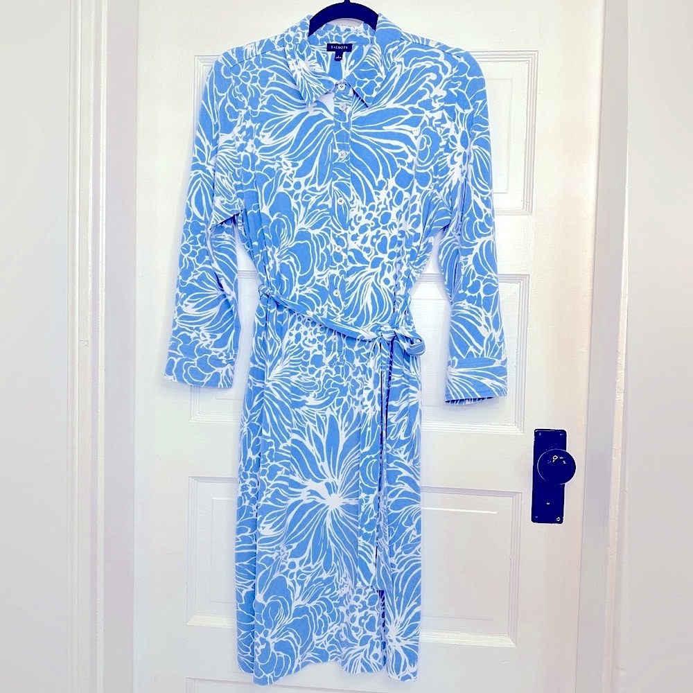 Talbots Blue and White Floral Stretch Shirtdress, Size Large - Picture 5 of 13